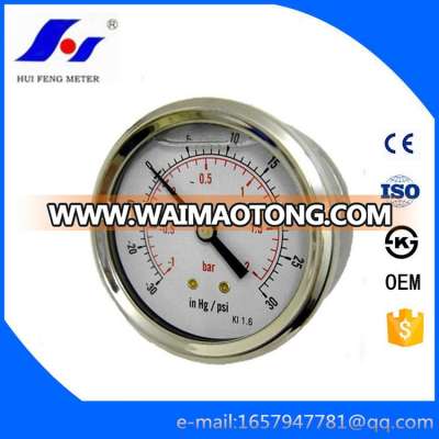 Stainless Steel Vacuum -30-30in Hg/psi/bar Back Connection Glycerin Filled Pressure Gauge